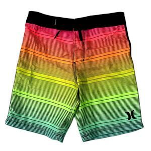 Hurley Boys Sz 6 Board Shorts Neon Rainbow Black Stripe Swim Trunks Shorts